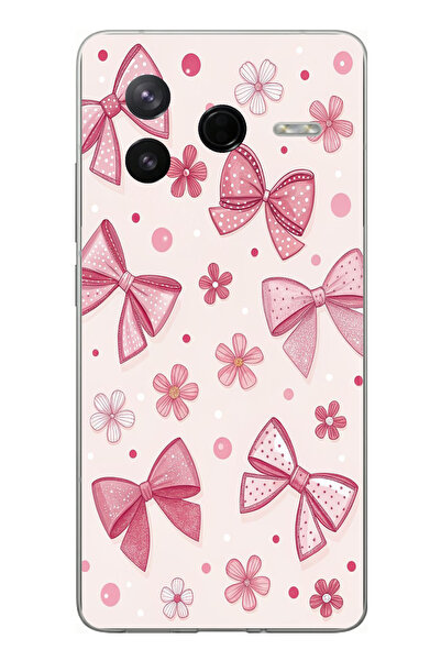 TechTree حافظة سيليكون متوافقة مع Poco F7 Pro باللون الوردي على شكل فيونكة وز...