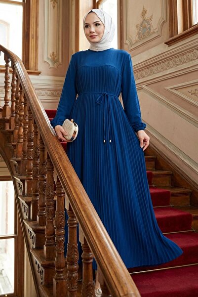 hafsamina Robalı Pleated Ayrobin Dress Blue Hm2872