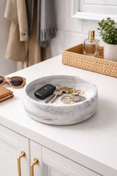 lufen deco Mermer Dokulu Tabak, Banyo Düzenleyici, Anahtar Ve Mum Tabağı, Bey...