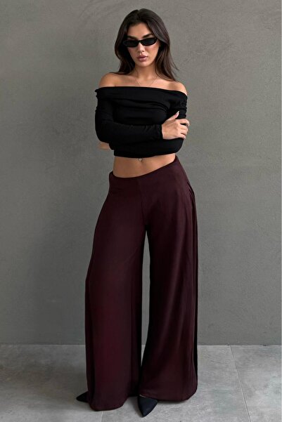 Madmext Burgundy Draped Pocket Crepe Fabric Wide Leg Trousers Mg2668