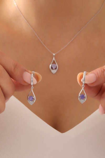 LOTUS JW 925 Ayar Gümüş Tek Taş Damla Form Kolye Ve Küpe Seti - 925 Ayar Gümü...