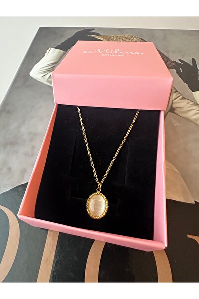 Milena Designer Store قلادة ميلينا إسطنبول بسلسلة فولاذية وحجر بيضاوي