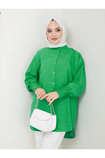 Kirazgym Women's Ayrobin Linen Shirt – Ribbed Detail, Crew Neck, Hijab-Friend...