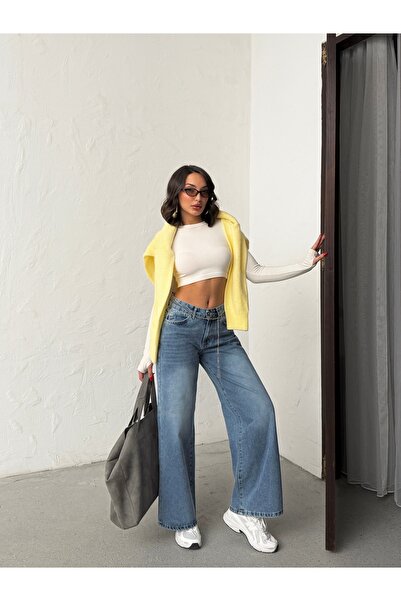 Blue Wings Belt Chain Stone Washed Broad Leg Jeans