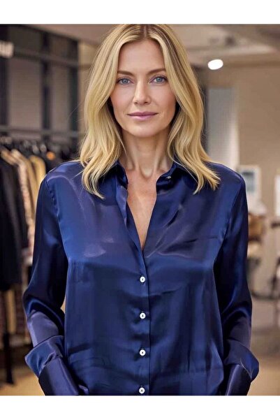 rengamoda Women's Navy Blue Long Sleeve Satin Shirt