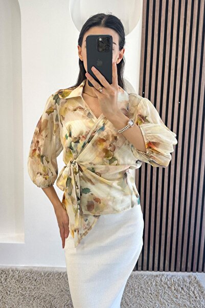 STEPS Kol Lastikli Yandan Bağlama Detay Bluz - Krem KREM