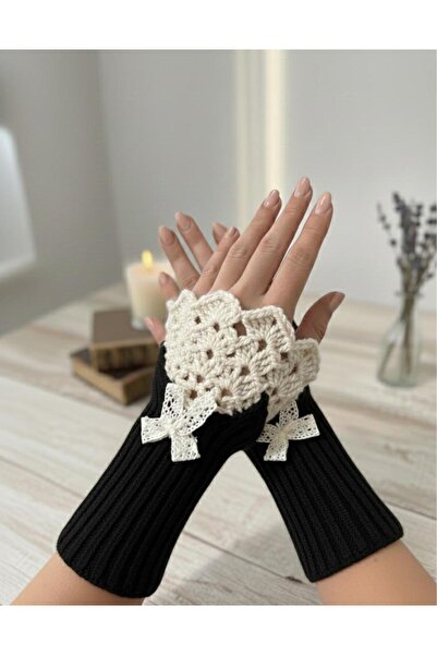 EL YAPIMI Vintage esintili kahve-ekru fiyonklu el örgüsü eldiven