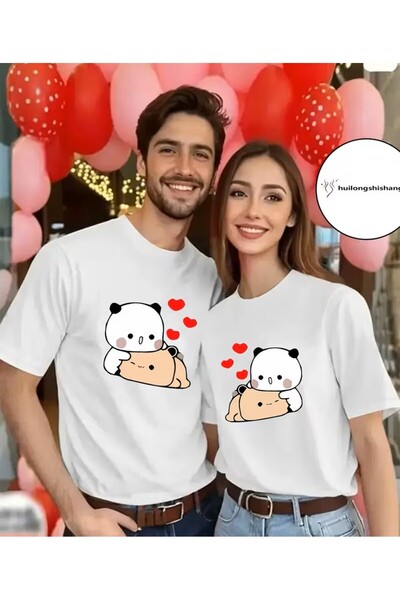 LELVANİ Cute Cartoon Printed Suitable Combination for Couples White/Black T-S...