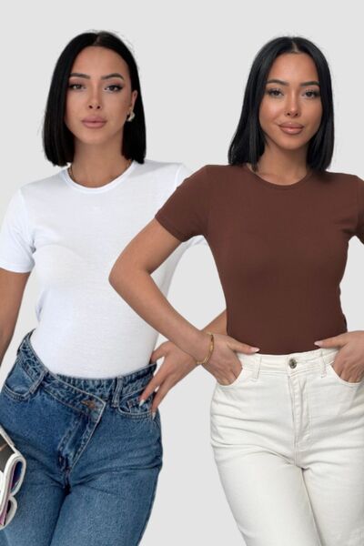 Lunamiratto Crew Neck Short Sleeve Cotton Bodysuit White-Angle Brown Crew Nec...