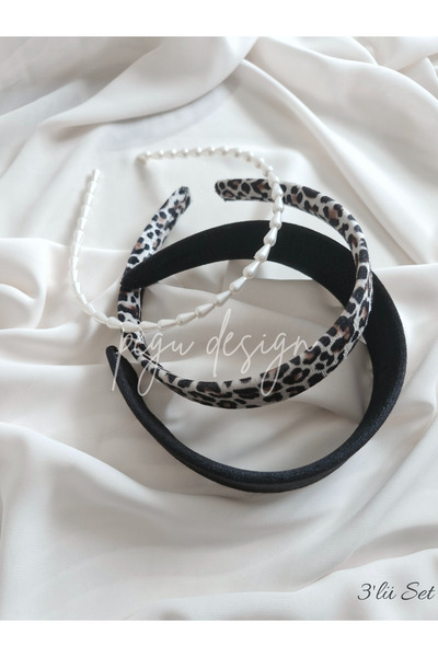 pegu baby collection طقم من 3 قطع: تاج مخملي واسع، تاج ليوبارد، وتاج لؤلؤ متس...
