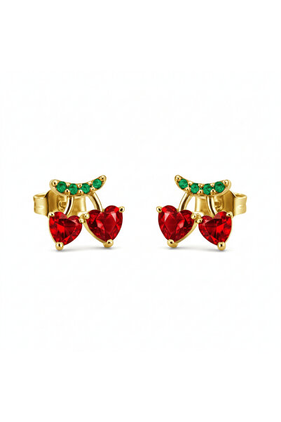 Tesbihane Children's Xuping Steel Earrings - Heart Detailed - Red Zircon Ston...