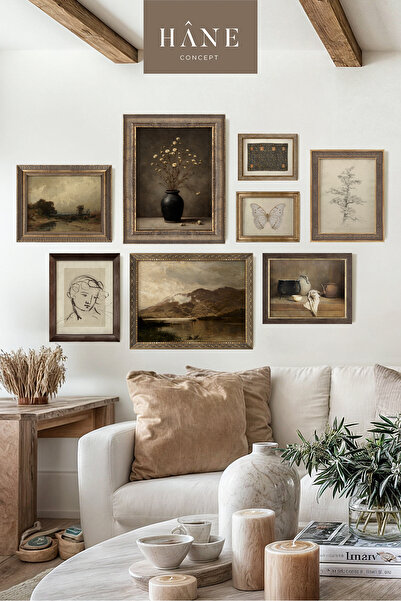 Hane Concept Sanat Galerisi Etkili 8’li Vintage Duvar Çerçeve Seti. Salon Oda...