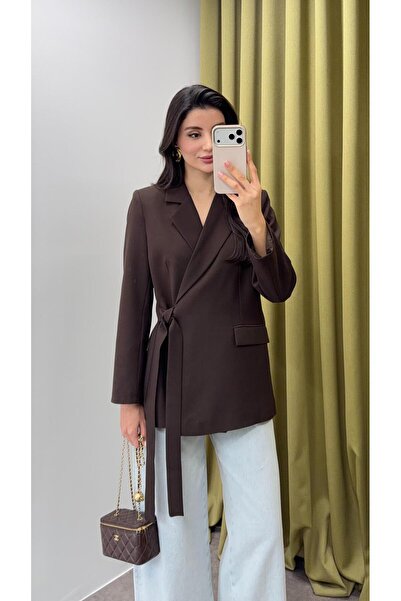 HAZELANNA Tied Double-Breasted Bitter Brown Jacket