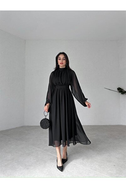 Elbise dünyasi Uzun Kollu Şifon Kumaş Midi Boy Elbise