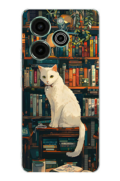 TechTree Tecno Pova 6 Pro Compatible Bookshelf White Cat Design Printed Silic...
