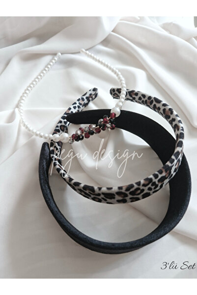 pegu baby collection طقم من 3 قطع: تاج مخملي واسع، تاج ليوبارد، وتاج لؤلؤ متس...
