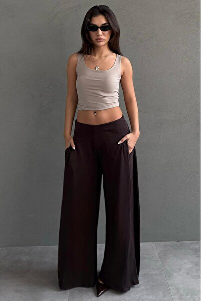 Madmext Kahverengi Dökümlü Cepli Krep Kumaş Wide Leg Pantolon MG2668