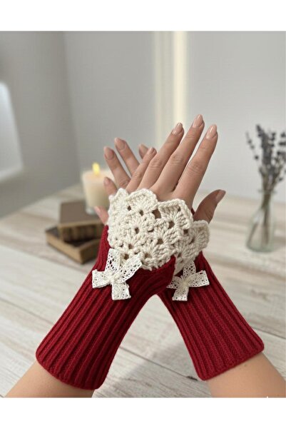 EL YAPIMI Vintage esintili kahve-ekru fiyonklu el örgüsü eldiven