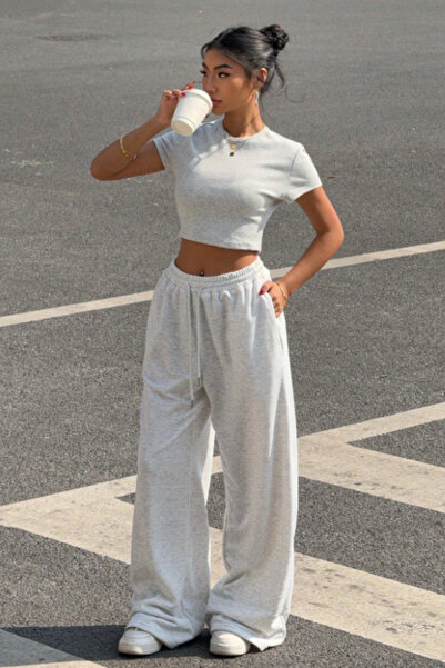 Tarz Cool Women's Grey Melange Crop T-Shirt and High Waist Wide Leg Sweatpant...