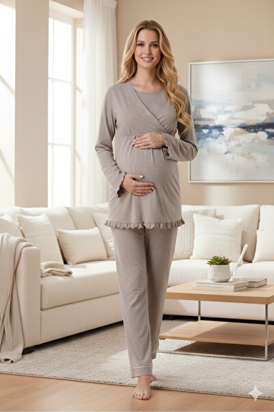 Pelin Women's Adjustable Waist Maternity Pajama Set with Hidden Nursing Feature
