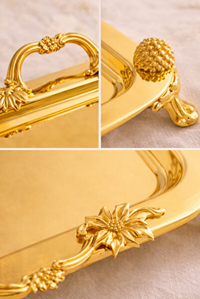 FABRIONA Sultan Gold Tepsi Paslanmaz Çelik Gold & Gümüş Söz Nişan Nikah Çay Kahve Sunum Tepsisi 22x22 cm