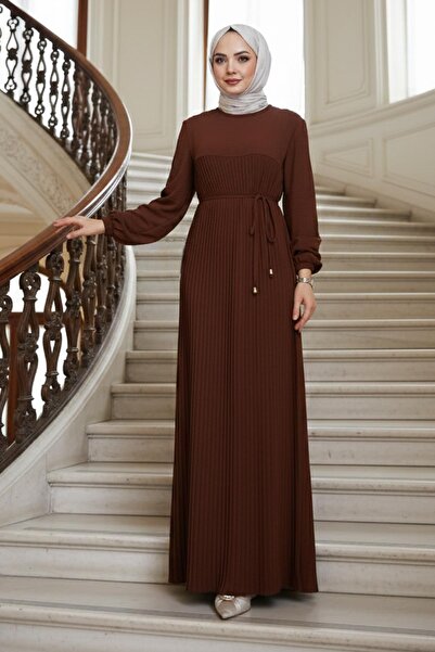 hafsamina Robalı Piliseli Ayrobin Elbise Kahverengi HM2872