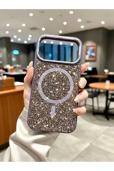 İtarz iPhone 17 Pro Uyumlu, Mor, MagSafe Özellikli Premium Simli Taşlı Parlak...