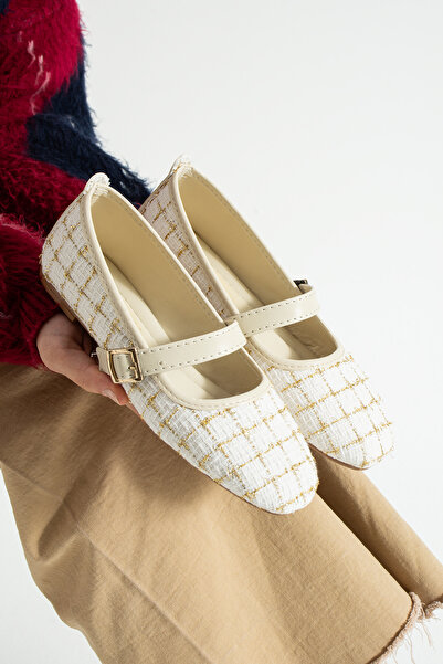 SHOW LİFE Gold Woven Patterned Women's Ballerina Flats with Orthopedic Sole, ...