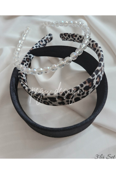 pegu baby collection طقم من 3 قطع: تاج مخملي واسع، تاج ليوبارد، وتاج لؤلؤ متس...