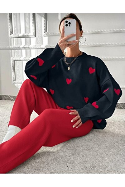 ASEZ BUTİK Women's Off-White Heart Embroidery Detail Knitwear Sweater Trouser...