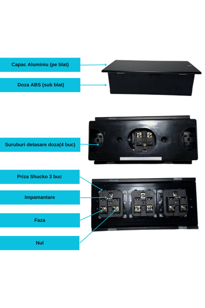 MOGODA Priză de blat, MOGODA, Birou sau Bucătărie, 2 Prize, 1 x USB-C 5V 2.1A, 1 x USB-A, Fără cablu