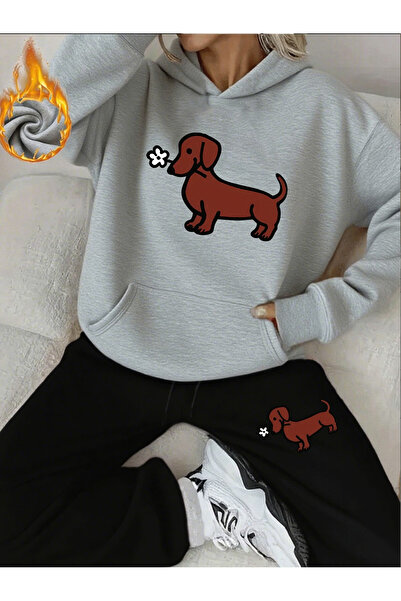 ELAN WEAR Dog Printed Hooded Tracksuit Set - Hooded Sweatshirt Bottom Top Set