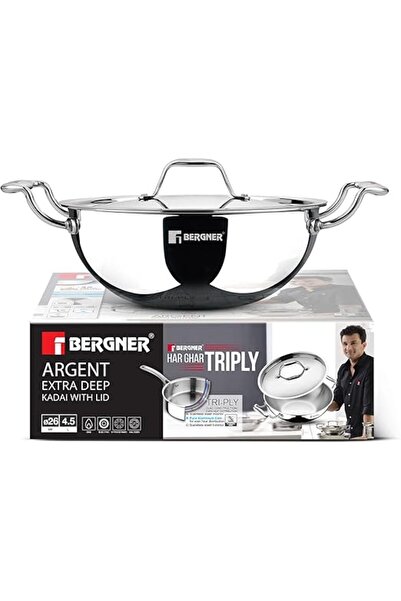 Bergner Argent 26cm 4.5L Tri-Ply Stainless Steel Deep Stir-Fry Pan Lid Health...