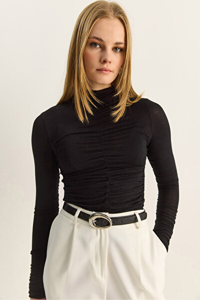 Bianco Lucci Women's Shirred Long Sleeve Soft Touch Blouse 1036 60283902