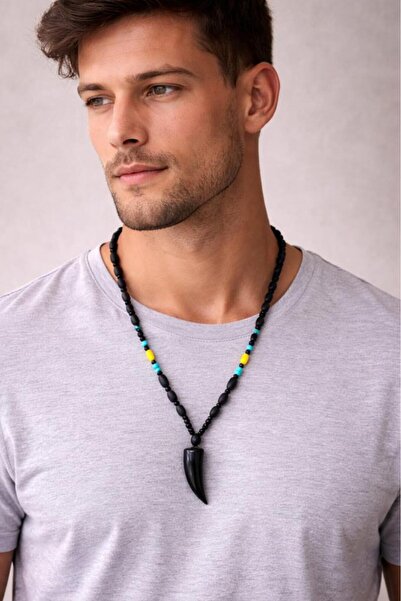 Hd Marketim Authentic Black Beaded Unisex Necklace – Handmade Tribal Style, S...