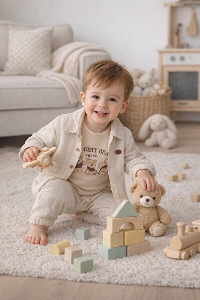 Babyhola Ayıcık Desenli Müslin Kumaş Bebek Erkek Üçlü Takım Set 2203