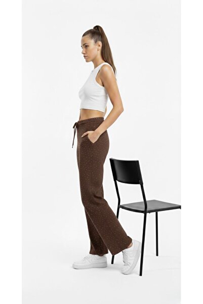 BANEGA Women's Stone Embroidered High Waist Elastic Waistband Wide Leg Brown ...