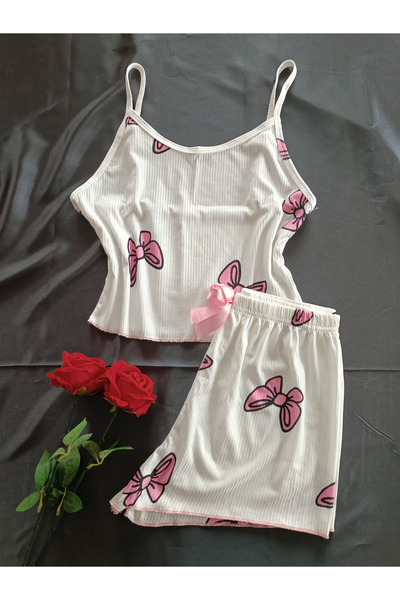 Nightlight Fiyonk Desenli Jakarlı Crop İp Askılı Şortlu Kadın Pijama Takım