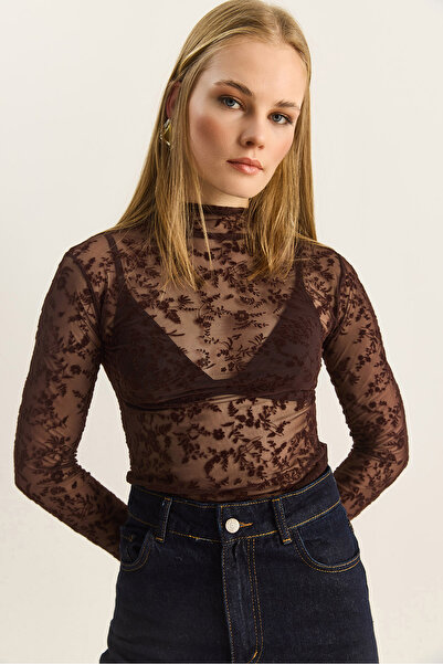 Bianco Lucci Women's Floral Pattern Semi-Transparent High Neck Tulle Blouse 6...