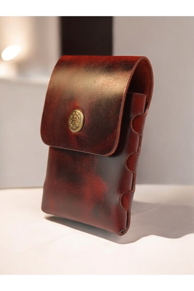 DEHNA Crazy Deri Stitch-Free Mini Card Holder – Handmade, Red with Patina Effect