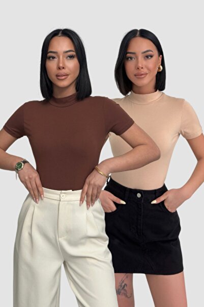 Lunamiratto Fisherman Short Sleeve Cotton Bodysuit Beige-Acid Brown Half Fish...