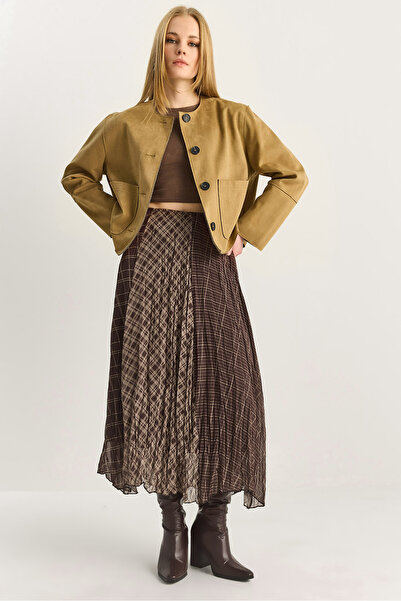 Bianco Lucci Fusta midi din șifon, cu model în carouri, cu efect de șifon, că...