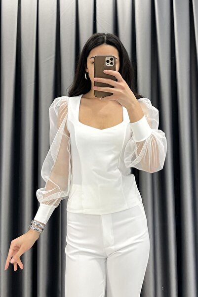 Red Balance Princess Sleeve Tulle Detail Square Neck Blouse - Ecru Ekru