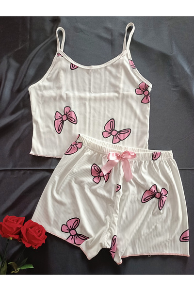 Nightlight Fiyonk Desenli Jakarlı Crop İp Askılı Şortlu Kadın Pijama Takım