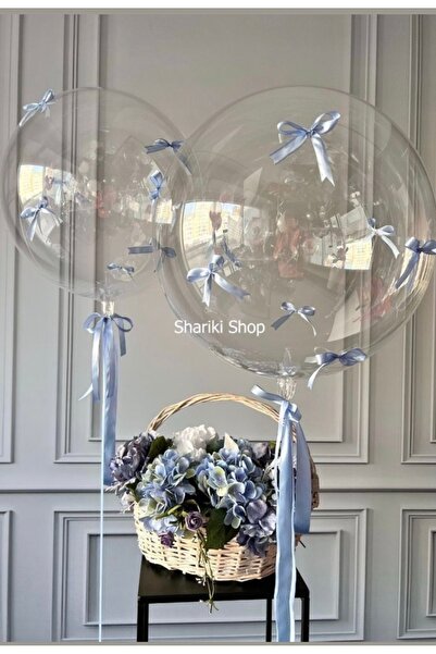 Çemrek Süs Parti Mavi Fiyonklu Şeffaf Bobo Balon Seti 2 li