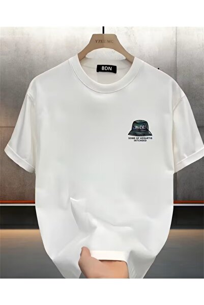 LELVANİ tricou alb pentru bărbați cu imprimeu mic și pălărie frumoasă