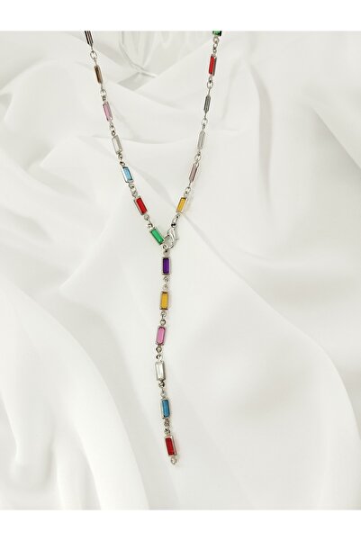 Rasa Renkli Dikdörtgen Taş Detaylı Y Formlu Zincir Kolye