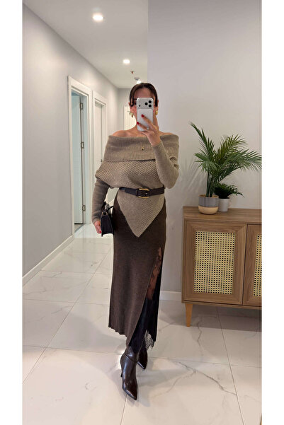 BİRCANÇİL Opera Brown Melange Lace Detailed Knitwear Skirt