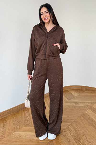 Cappmoda TKM-6132 Acı Kahve Taş İşlemeli Kapüşonlu Modal Takım