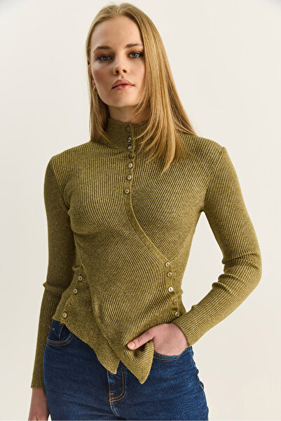 Bianco Lucci Γυναικείο πλεκτό πουλόβερ με ασύμμετρο κουμπί με λεπτομέρειες TK...